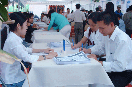 At a recruitment desk 